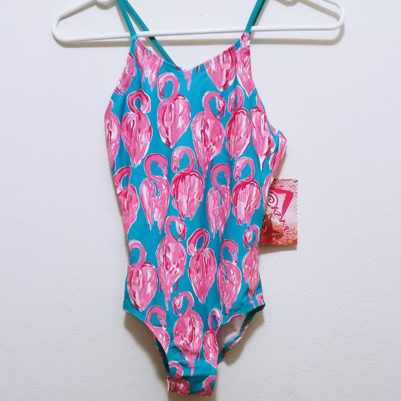 NEW Girls SZ14 One Piece Flamingo Bathing Suit Turquoise - Picture 3 of 10